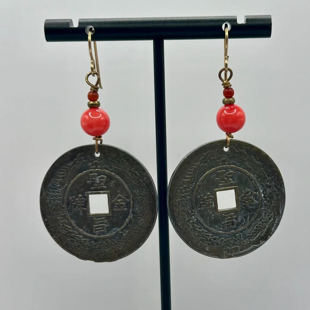 Vintage Asian Charm Coin Dangle Earrings